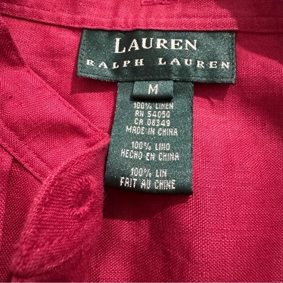 Lauren Ralph Lauren Top Womens Sz Medium Red Linen Pleated Button Up Long Sleeve - Picture 5 of 5